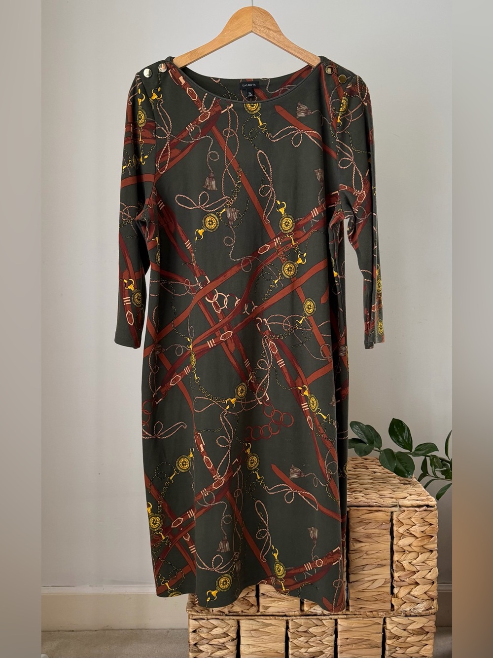 Women's TALBOTS Hunter Green Midi Dress Equestrian Chain Horse Old Money Size XL